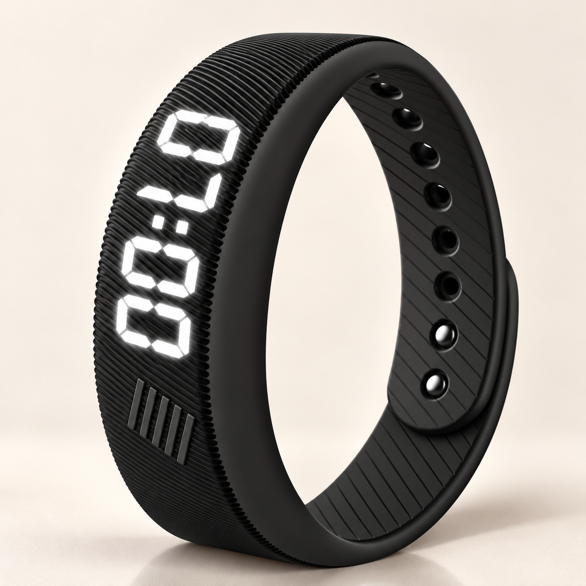 Bracelet réveil vibrant noir avec l'heure affichée en chiffres LED blancs