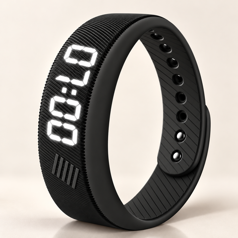Bracelet réveil vibrant noir avec l'heure affichée en chiffres LED blancs