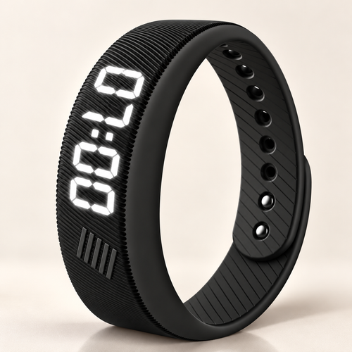 Bracelet réveil vibrant noir avec l'heure affichée en chiffres LED blancs