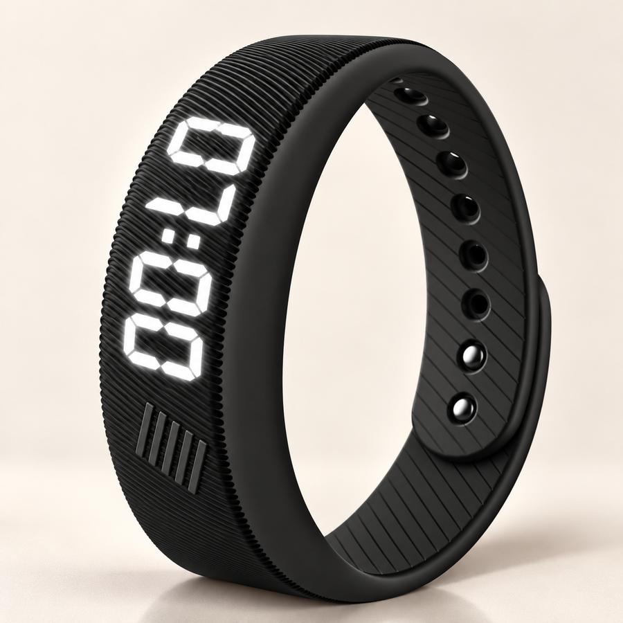 Bracelet réveil vibrant noir avec l'heure affichée en chiffres LED blancs