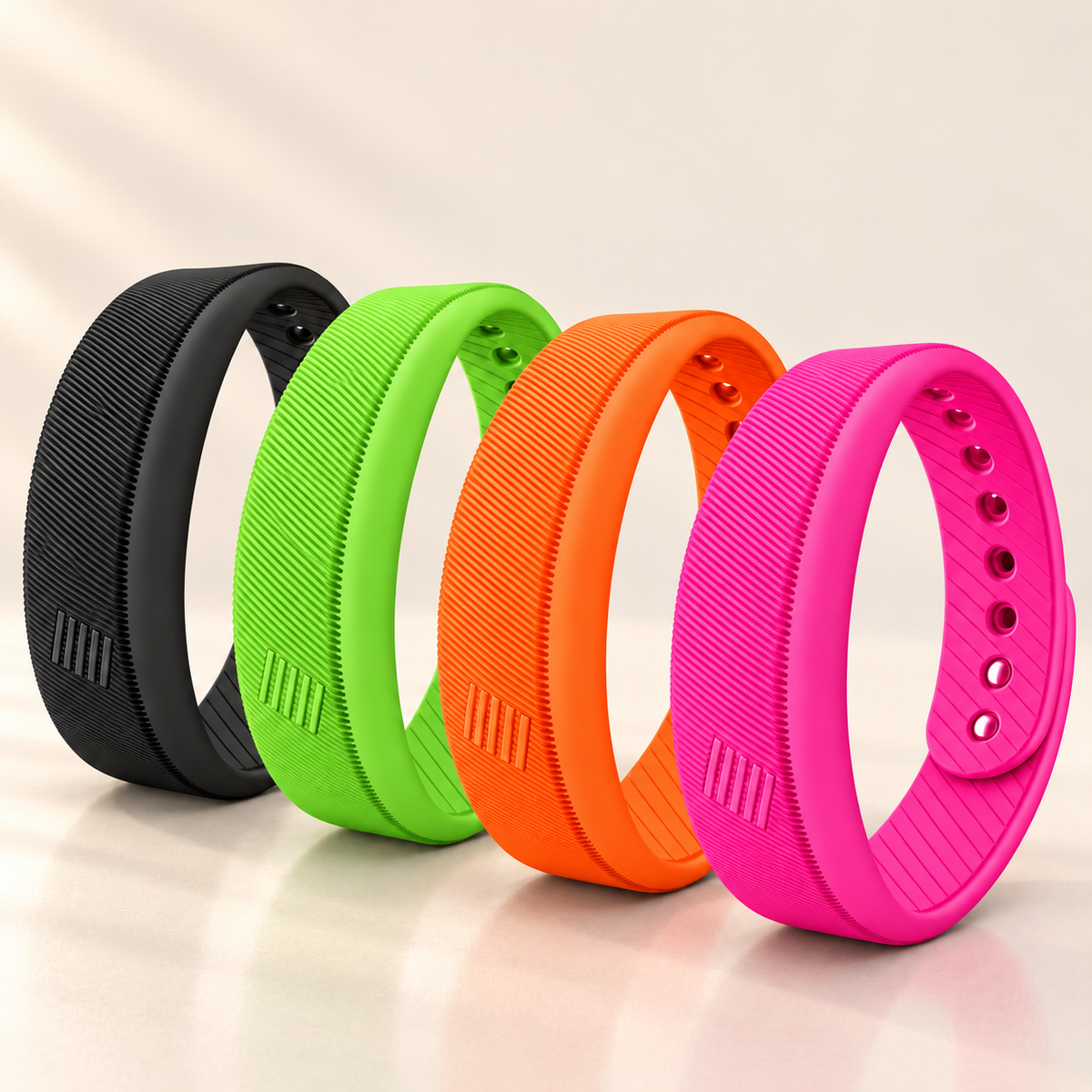 Pack famille : quatre bracelets réveil vibrants, noir, vert, orange et rose