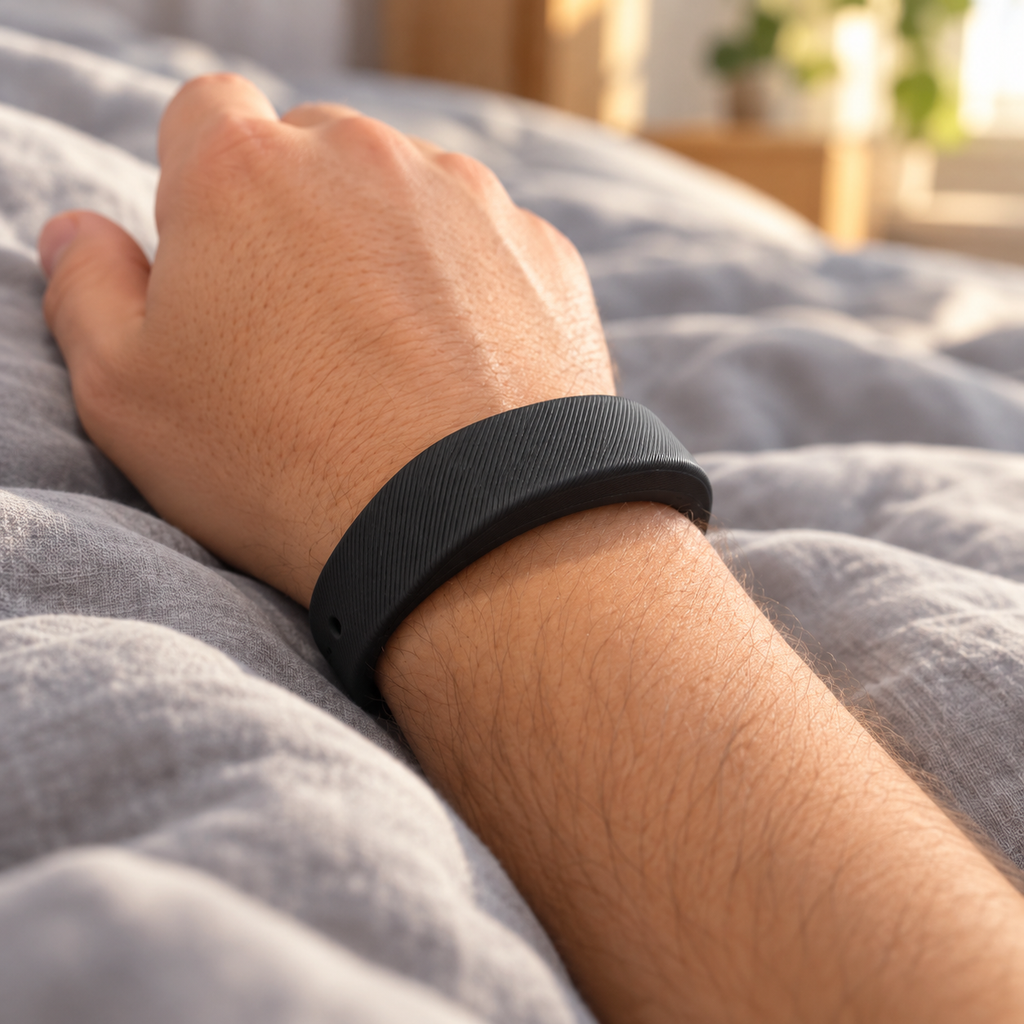 Gros plan de profil du bracelet réveil vibrant porté au poignet