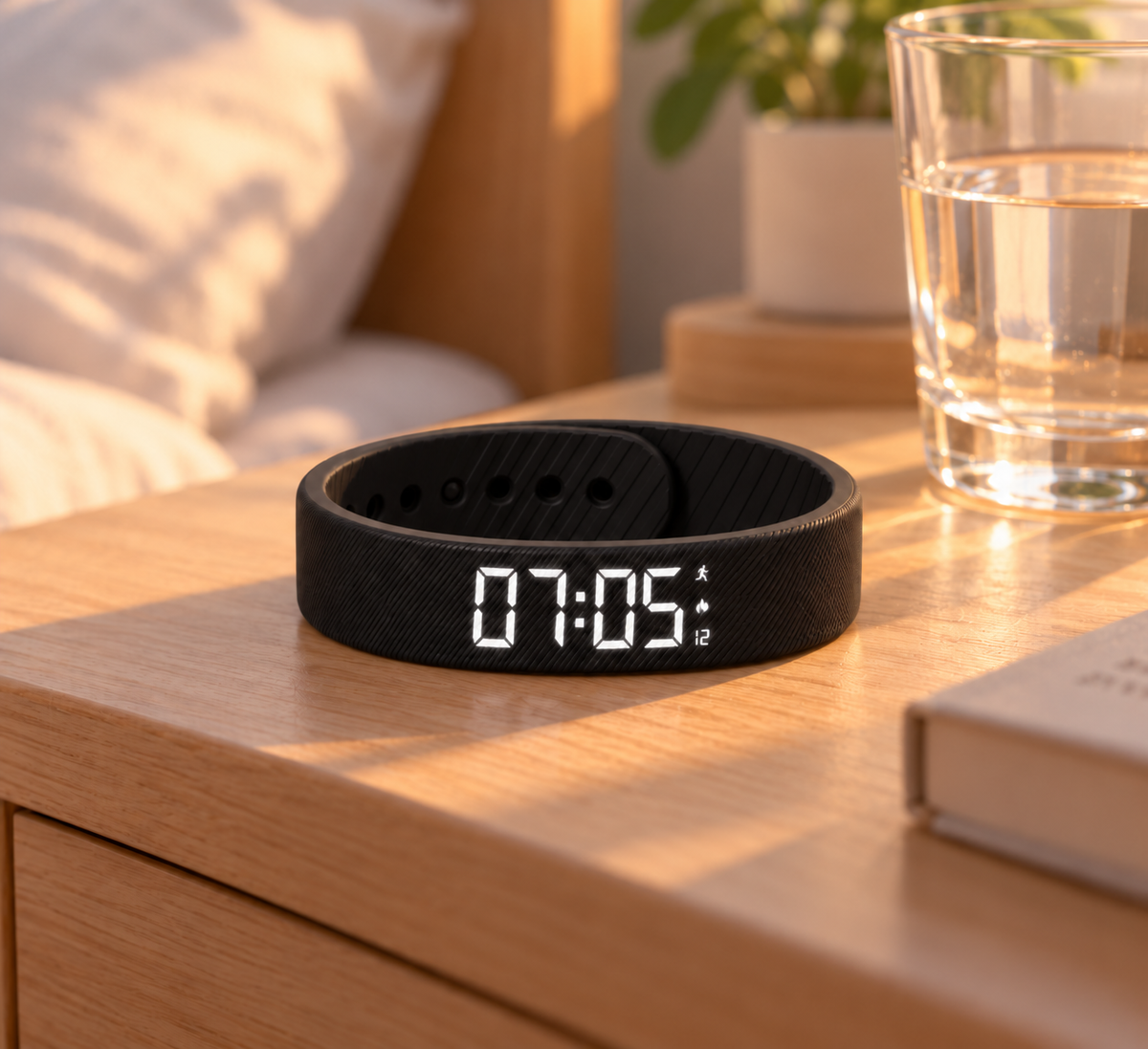 Bracelet réveil vibrant posé sur une table de chevet au lever du jour
